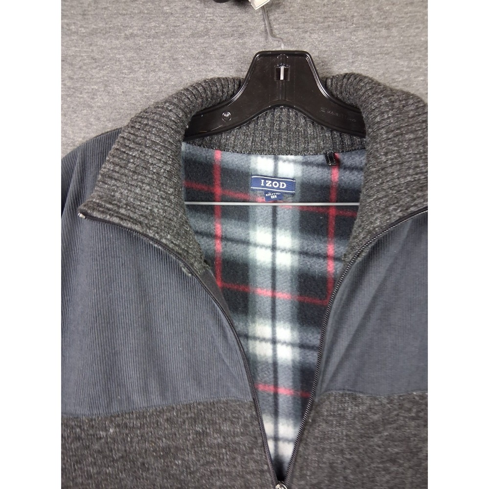 Izod Mens Jacket 2XL Gray Plaid Fleece Lined Full‎ Zip Sweater Knit Cozy Cabin